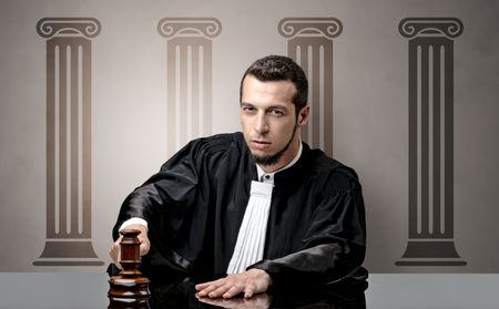 Young judge in front of a courthouse symbol making decision