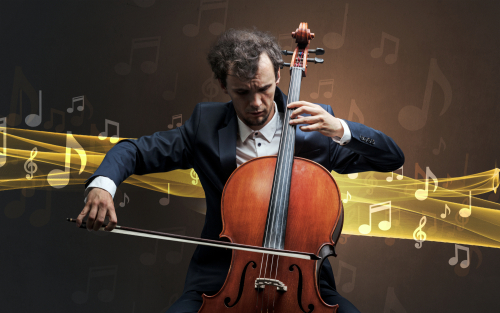 Young male musician playing on his cello with musical notes around