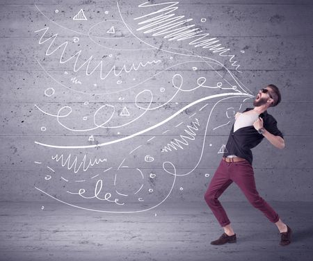 A mad hipster guy with beard shouting drawn white lines, curves on concrete urban wall illustration background concept