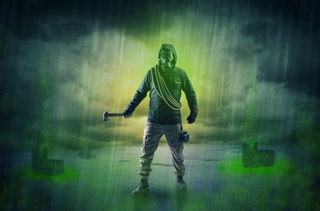 masked-unrecognizable-guard-abandoned-space-explosion-794218900 Masked unrecognizable guard in an abandoned space after explosion