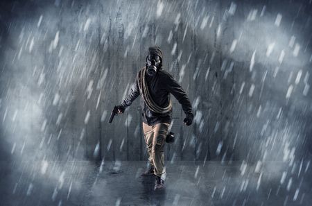 Dreadful dangerous man with wood, shanty wallpaper and fume around