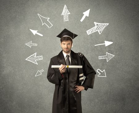 Young graduate student with hand drawn arrows on wall