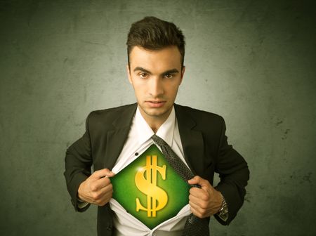 Businessman tearing off his shirt with dollar sign on chest concept on background
