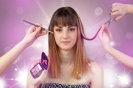Young woman portrait with shiny pink beauty salon concept and personal styler hand
