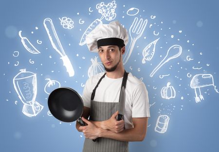 Young cook with kitchen instruments and drawn recipe concept on wallpaper