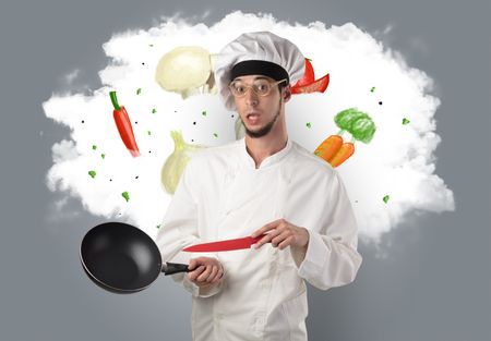 Drawn vegetables on cloud with male cook and kitchen tools

