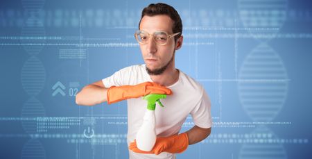 Crowd cleaning theme with male housekeeper and DNS concept wallpaper
