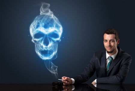 Businessman smoking with skull simbol above his head.