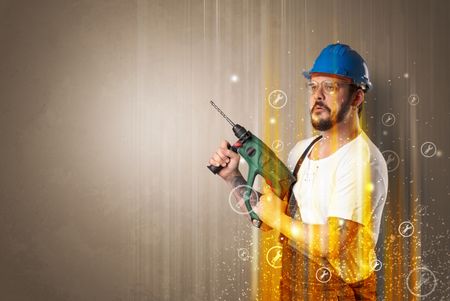 Manual worker with wrench symbols and tool.