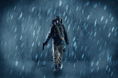 Dreadful dangerous man with wood, shanty wallpaper and fume around