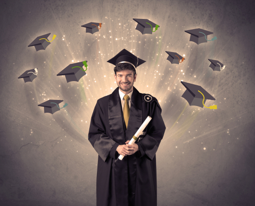 College graduate with many flying hats on grunge background