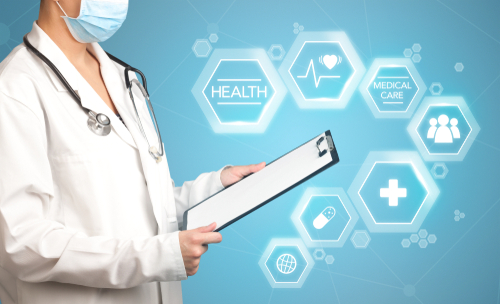 Female doctor holding notepad with blue background