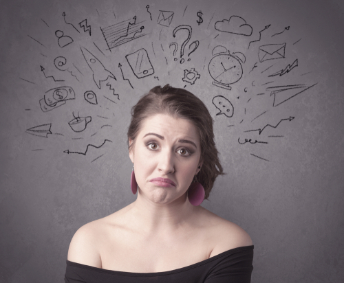 dark-brown-haired-pretty-teenage-girl-797844289 A dark brown haired pretty teenage girl with thoughts in her head illustrated by question mark, rocket, money, coffee, clock, email, social life icons drawn on the background wall concept.