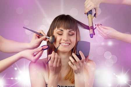Young woman portrait with shiny pink beauty salon concept and personal styler hand
