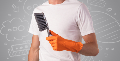 Male housekeeper with and without head with grey doodled wallpaper
