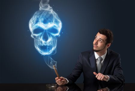 Businessman smoking with skull simbol above his head.