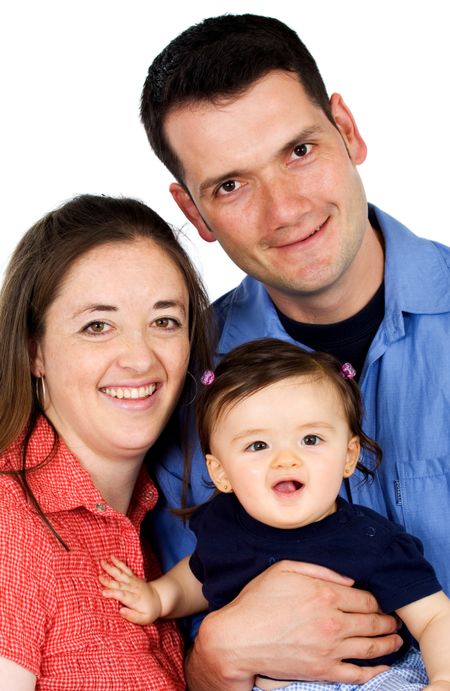 beautiful family portrait all smiling - isolated over a white background