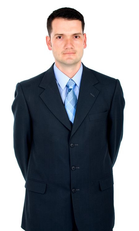 business man leaning over something imaginary - isolated over a white background