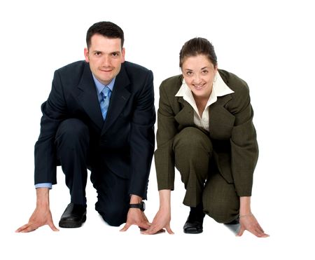 Business couple ready to race isolated over a white background