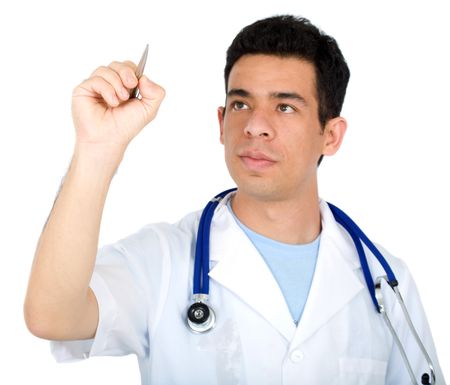 male doctor writing something on screen isolated over a white background