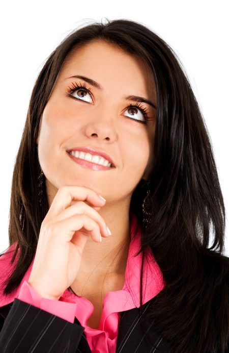 Business woman portrait thinking of ideas - isolated over a white background