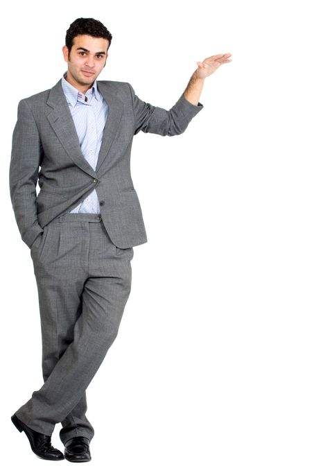 business man displaying something isolated over a white background