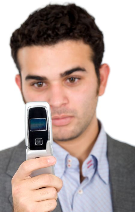 Business man on the phone - isolated over a white background