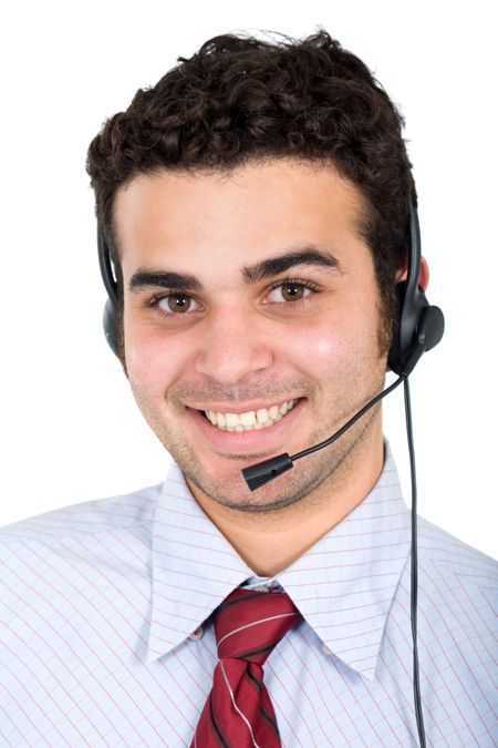 male customer service representative smiling over a white background