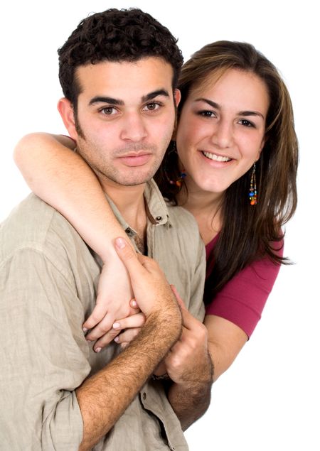 couple of young people portrait smiling - isolated over a white background