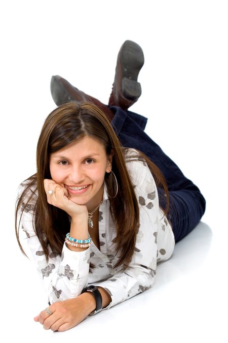 Casual woman portrait on the floor over a white background