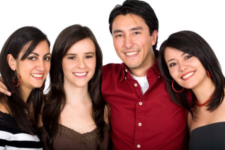 group of happy friends smiling with diverse looks isolated over a white background