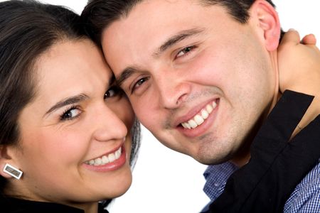 couple of young people portrait smiling - isolated over a white background
