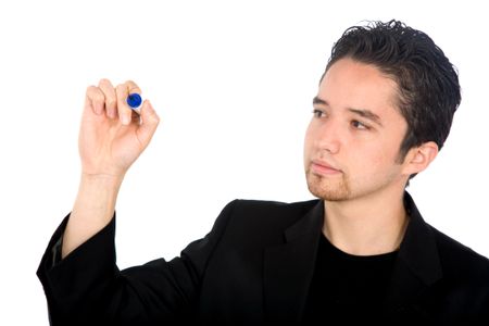 man writing on screen with a blue felt pen - isolated over a white background