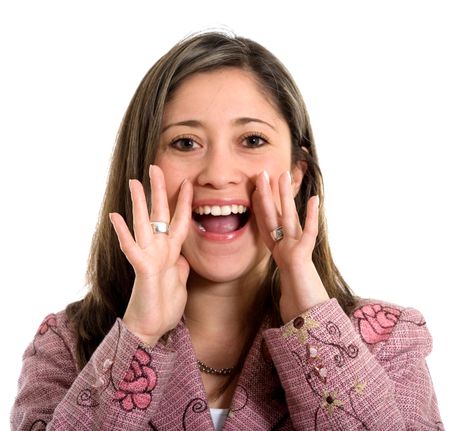 beautiful girl shouting out loud isolated over a white background