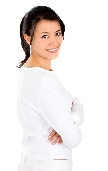 beautiful girl portrait smiling in white clothes - isolated