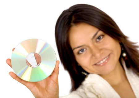 business woman holding data in a cd rom - isolated over a white background