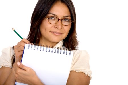 business woman wearing sunglasses and writing on a notepad - isolated over a white background