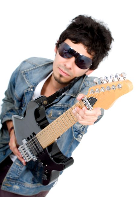 casual guy with an electric guitar - isolated over a white background