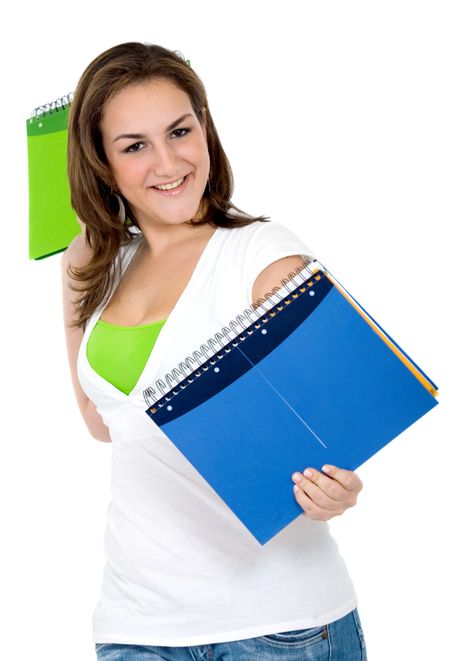 female student carrying notebooks over a white background
