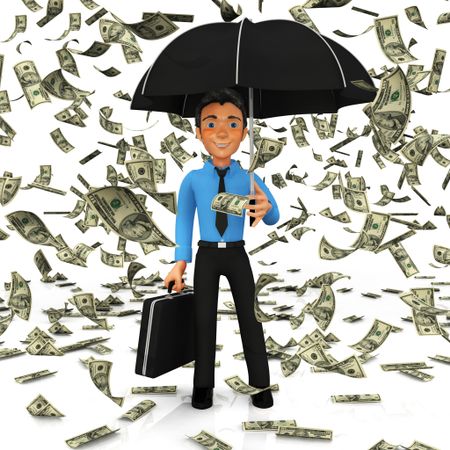 3D business man under a dollar rain holding an umbrella - isolated