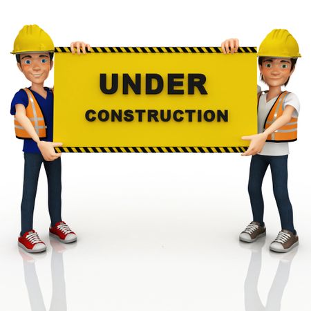 3D construction workers holding a sign ? isolated over white