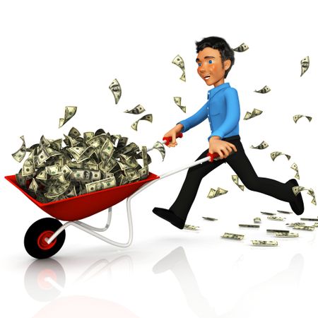 3D business man carrying money on a wheelbarrow - isolated