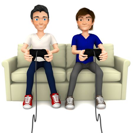 3D guys playing video games sitting on the sofa ? isolated over a white background