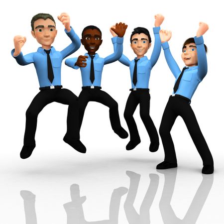 3D happy business men in a group with arms up - isolated
