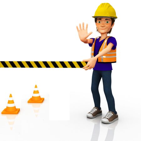 3D road worker sealing an area with tape - isolated over a white background