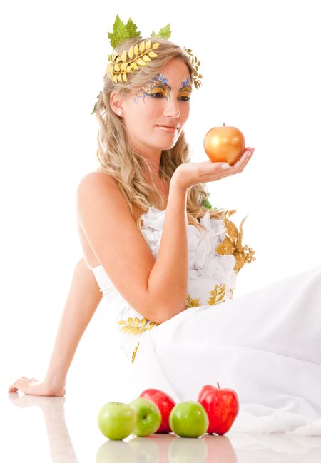 Portrait of a beautiful Greek goddess holding an apple- isolated over white