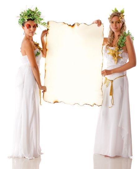 Beautiful Greek goddesses holding a banner - isolated over white