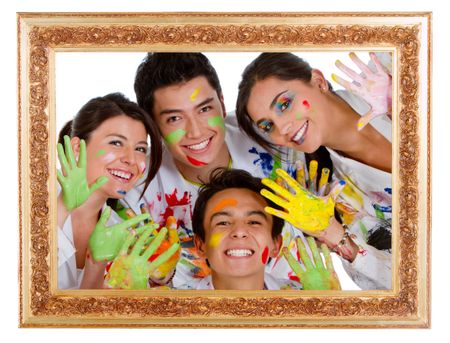 Happy group of painters coming out from a frame having fun - isolated