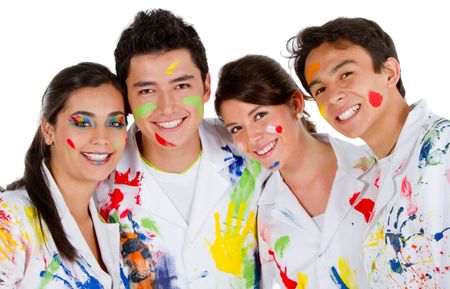 Group of painters with their robes full of paint ? isolated over white