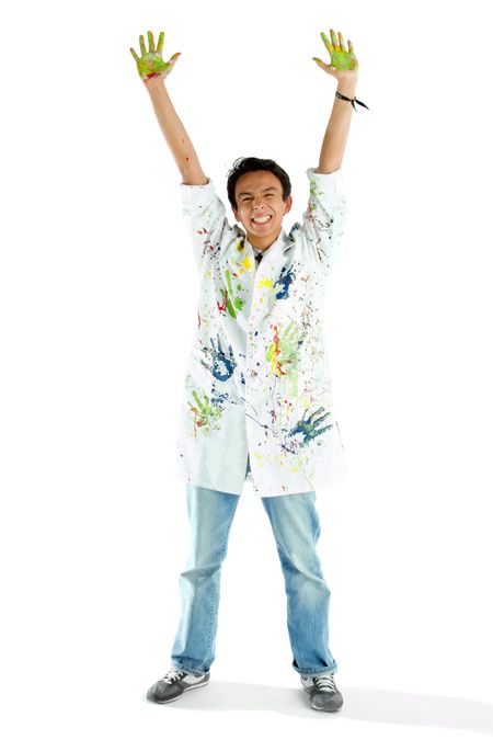 Happy male painter smiling with arms up - isolated